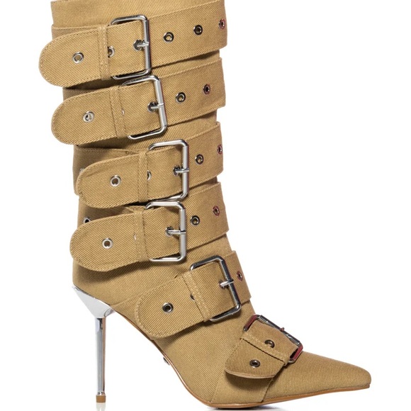 NWT. Azalea Wang Teaira Belt Buckle Heeled Boots in Khaki.  New With Tags. - Picture 2 of 5